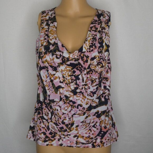 Greylin Abstract Print V Neck Sleeveless Blouse Cowl Draped Pink Black Orange Lg - Picture 1 of 7